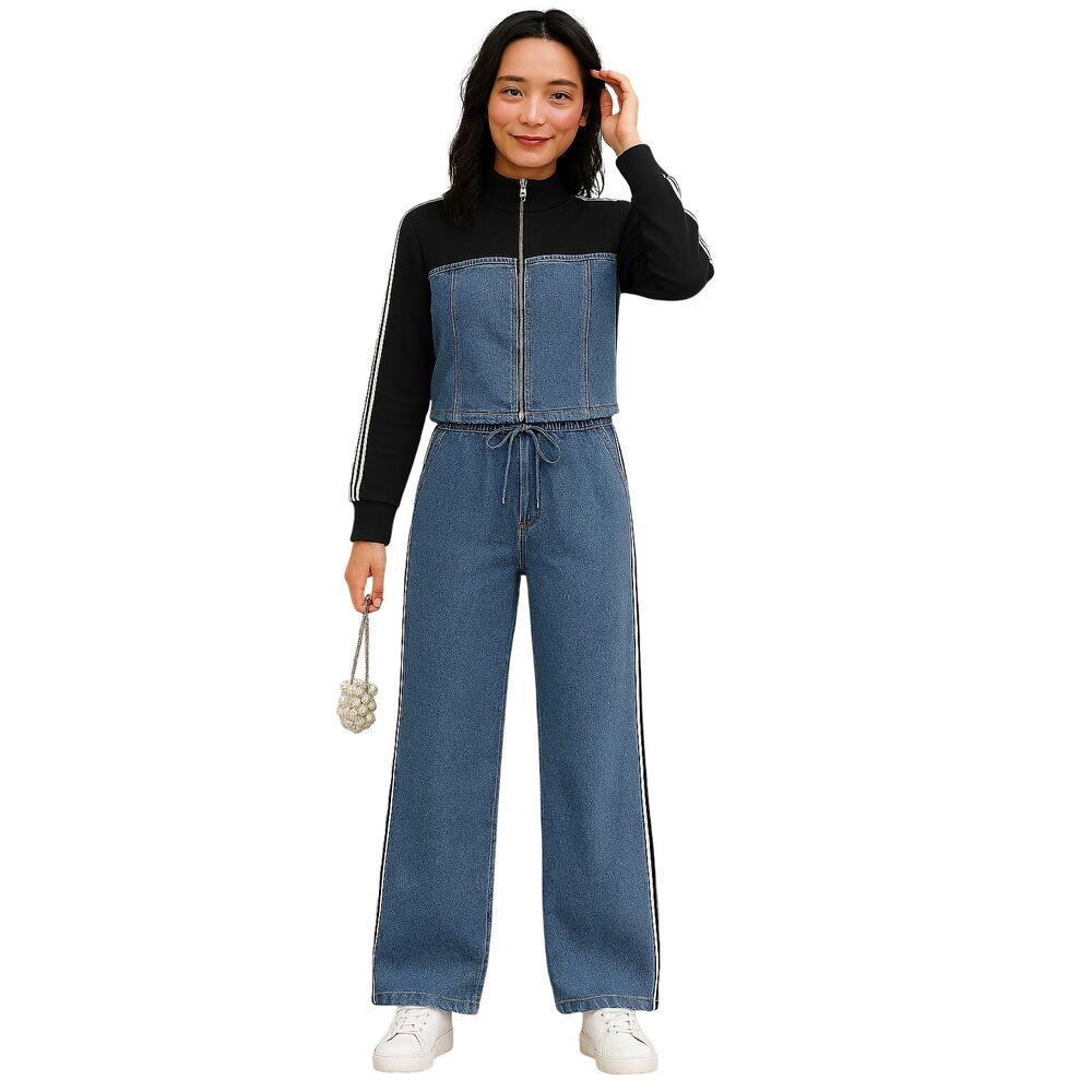 NWT Med (Fits S) Athleisure Denim Stripe Tracksuit 2pc Set Jacket Wide Leg Pants